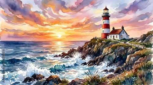 Colorful Lighthouse on Rocky Coast at Sunset with Ocean Waves and Dramatic Sky
