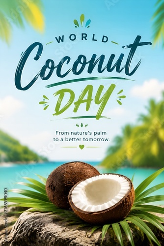 Ripe coconut halves resting on vibrant palm leaves against a blurred tropical beach background for world coconut day poster design