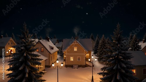 Magical Winter Village at Night: Cozy Houses, Snowy Landscape, Starry Sky, Christmas Atmosphere