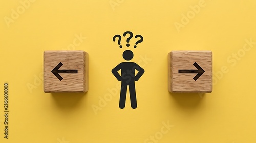 Plakat Person icon with question marks and wooden blocks showing opposite directions for choice
