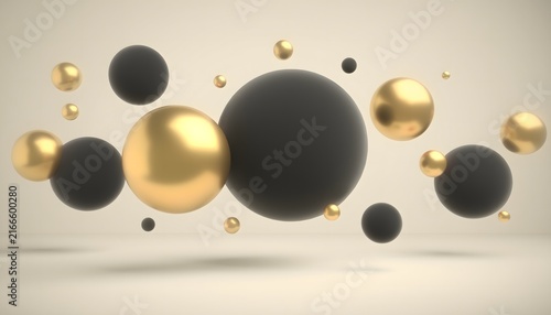 Abstract sale background featuring floating 3D geometric spheres in matte black and metallic gold