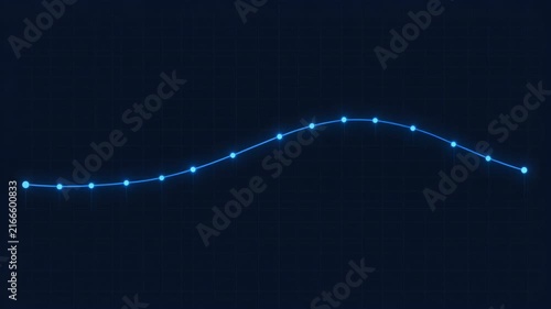 Animated Blue Line Graph with Dots on Dark Grid Background, Showing Fluctuations and Data Trends