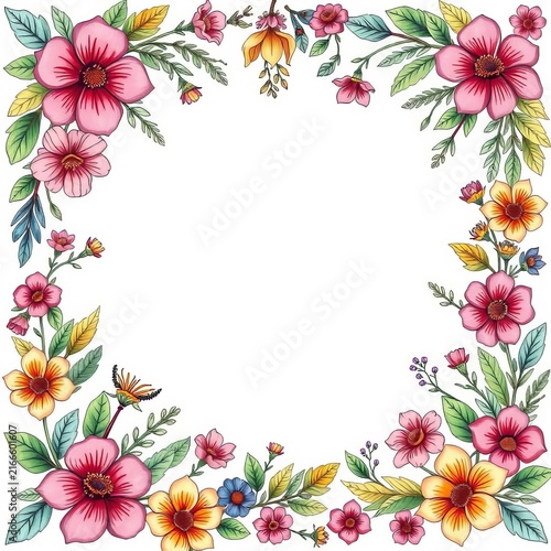 Hand drawn floral frame with colorful flowers and white copy space