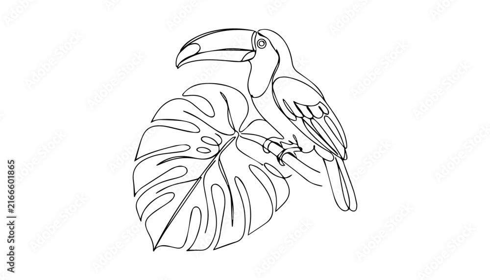 Naklejka premium Abstract continuous line art toucan on leaf vector illustration minimalist tropical nature icon