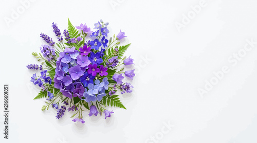 Spring flower bouquet arrangement with purple and blue blossoms