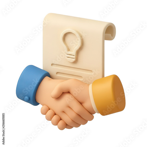 3d cartoon style handshake icon with a document and a lightbulb symbol representing a successful business deal