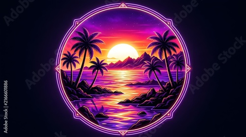 Neon Tropical Sunset Over Ocean with Palm Trees in Vibrant Retro Frame