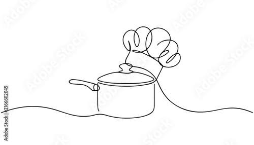 Continuous line art cooking pot and chef hat vector illustration minimalist kitchen culinary icon