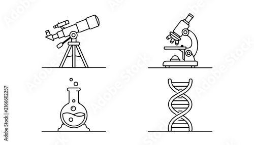 Continuous line art science icons vector set with telescope microscope and flask