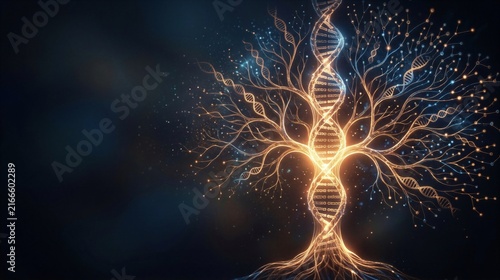 Glowing DNA double helix forming a branching tree of life. Genetic science, biotechnology, ancestry, evolution, and medical research concept with copy space.
