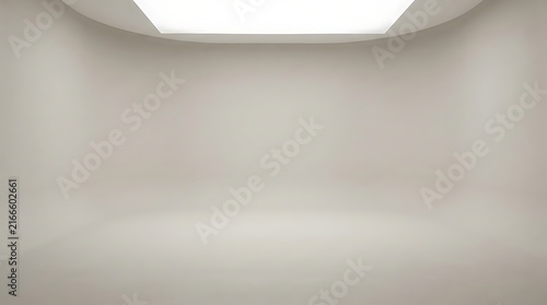 Brightly lit empty white room with a minimalist design and a large ceiling light fixture.