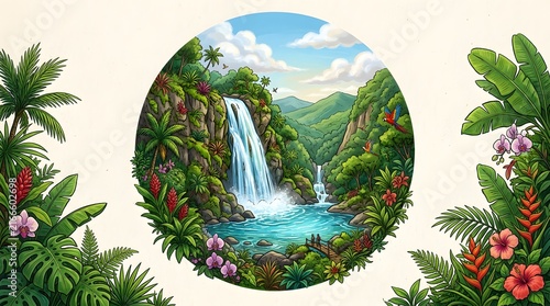 Tropical Waterfall Landscape Framed by Lush Flowers and Palm Leaves
