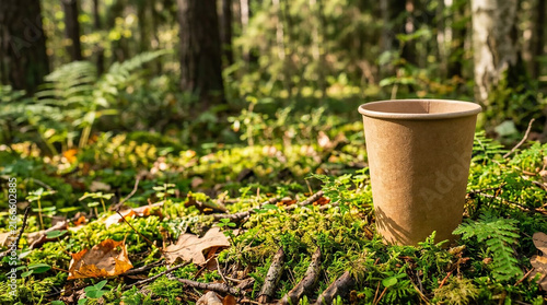 Cardboard coffee cup on green forest moss, eco-friendly takeaway drink in nature.