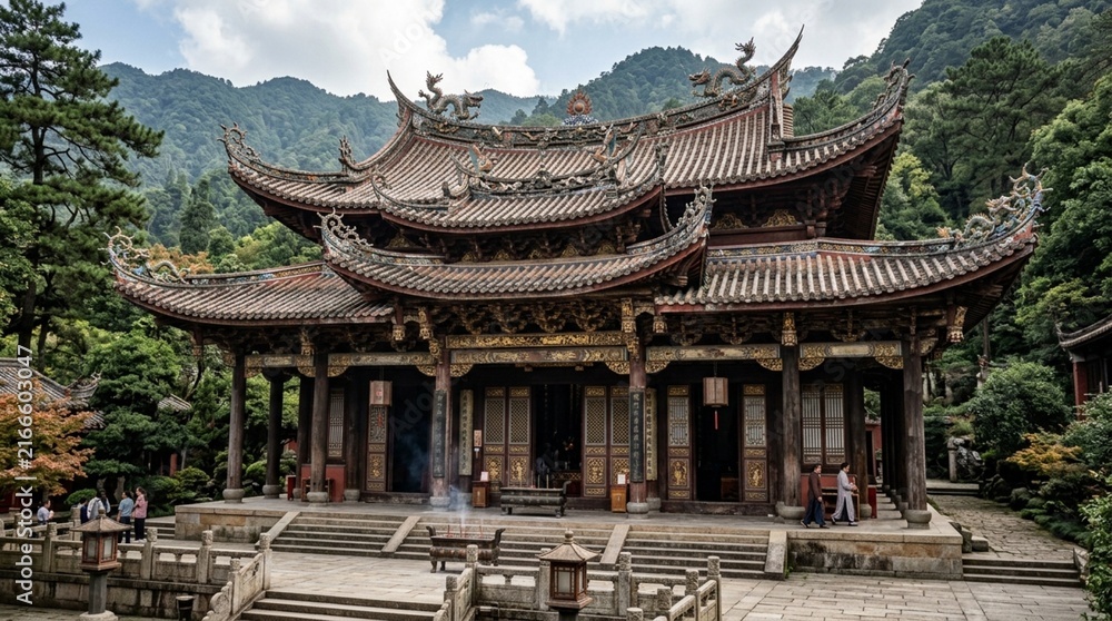 Fototapeta premium Ancient Chinese Temple Building, Lush Green Mountains, Traditional Architecture