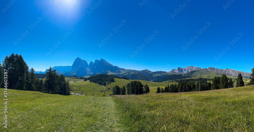 Fototapeta premium Alpe di Siusi at sunny morning sunrise, Dolomites mountains, Italy