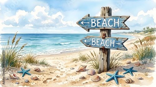 Watercolor Tropical Beach Signpost on Sandy Shore with Ocean and Starfish