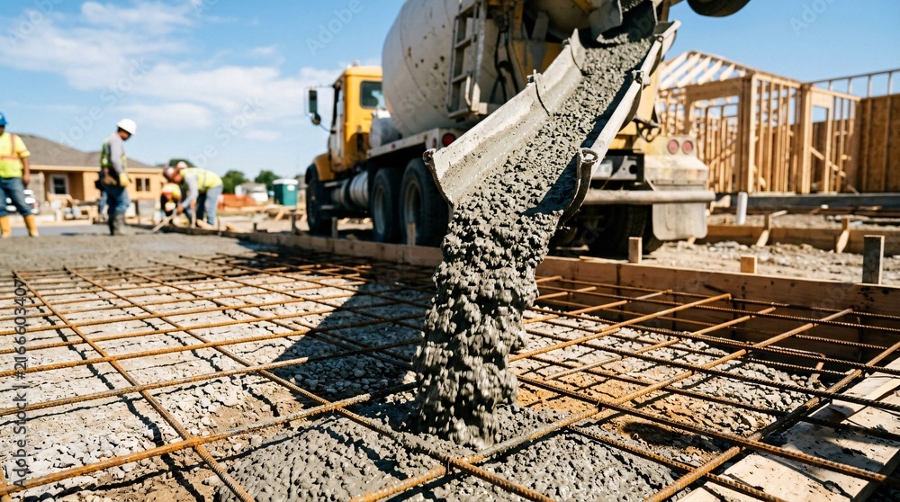 Obraz premium Concrete cascading from a cement truck chute onto steel rebar at a residential house construction site in daylight with crisp detail.