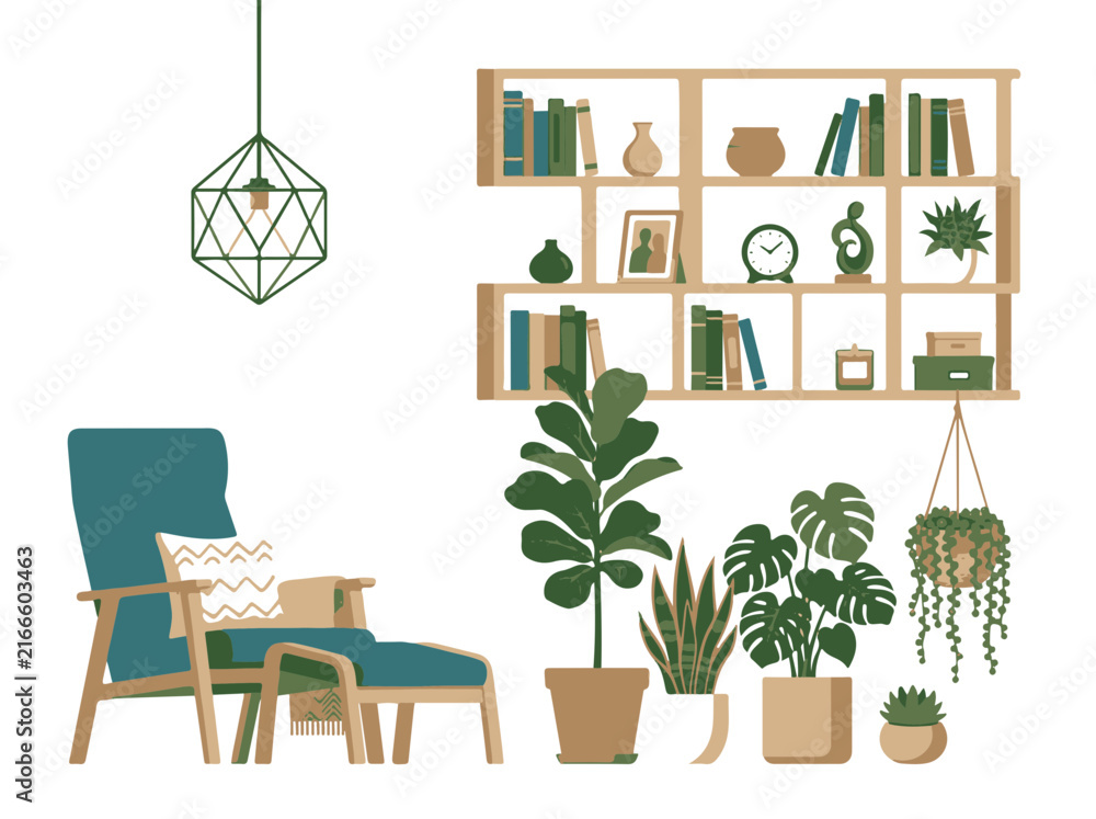 Fototapeta premium Modern Interior Design with Teal Armchair Bookshelf and Potted Plants