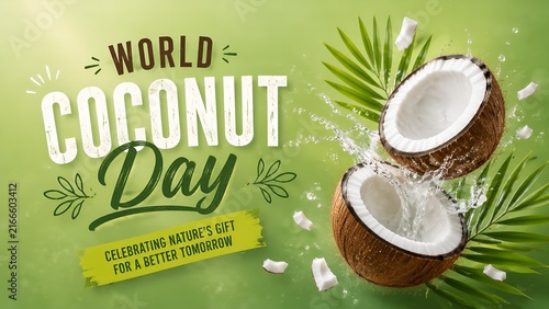Cracked coconut halves splashing refreshing water with green palm leaves on a vibrant soft gradient background for world coconut day