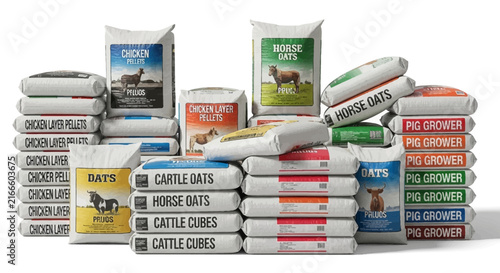 Assortment of Agricultural Animal Feed Bags Stacked for Livestock Nutrition and Farming Supplies
