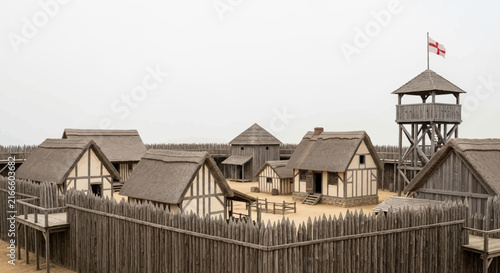 A Historic Fortified Settlement Featuring Traditional Timber Framed Houses and a Wooden Watchtower Enclosed by a Protective Palisade Wall