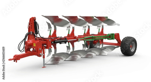 Heavy Duty Red Agricultural Reversible Plow for Soil Cultivation and Large Scale Farming Operations Isolated on White Background