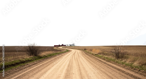 A Peaceful Dirt Road Meandering Through Vast Open Midwestern Farmlands Leading Towards a Distant Rural Farmstead Under a Wide Horizon