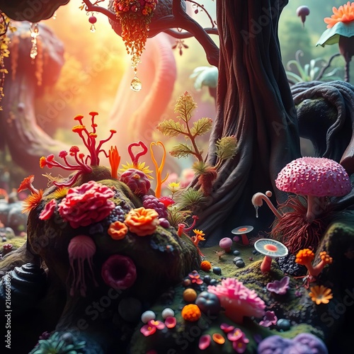 Fantasy woodland filled with colorful mushrooms and flowers