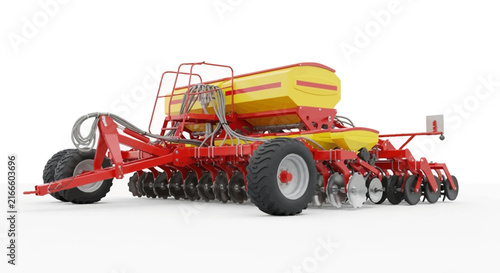 Large Red and Yellow Agricultural Seed Drill Implement for Precision Crop Planting and Farm Soil Cultivation Field Work