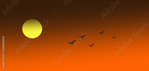 Fotografie Warm Orange Sunset Sky with Moon Birds and Stars Vector Background