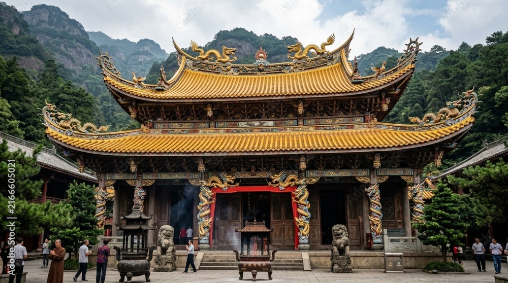 Obraz premium Golden Pagoda Temple with Dragons and Mountains, Traditional Chinese Architecture