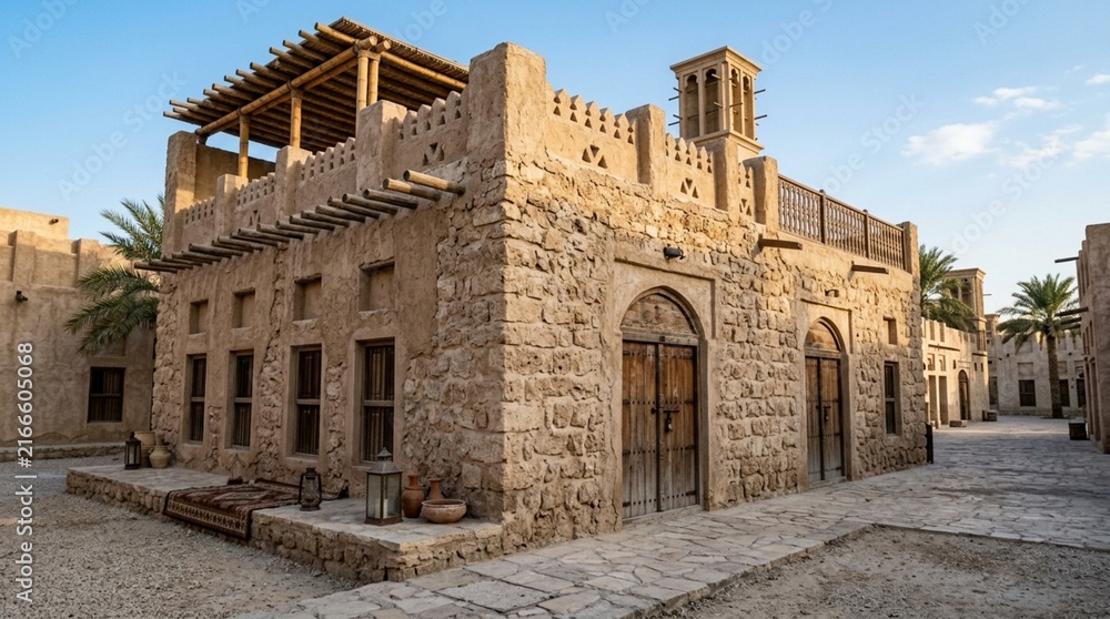 Fototapeta premium Historic stone building with wind tower, traditional Arabic architecture, Dubai old town street