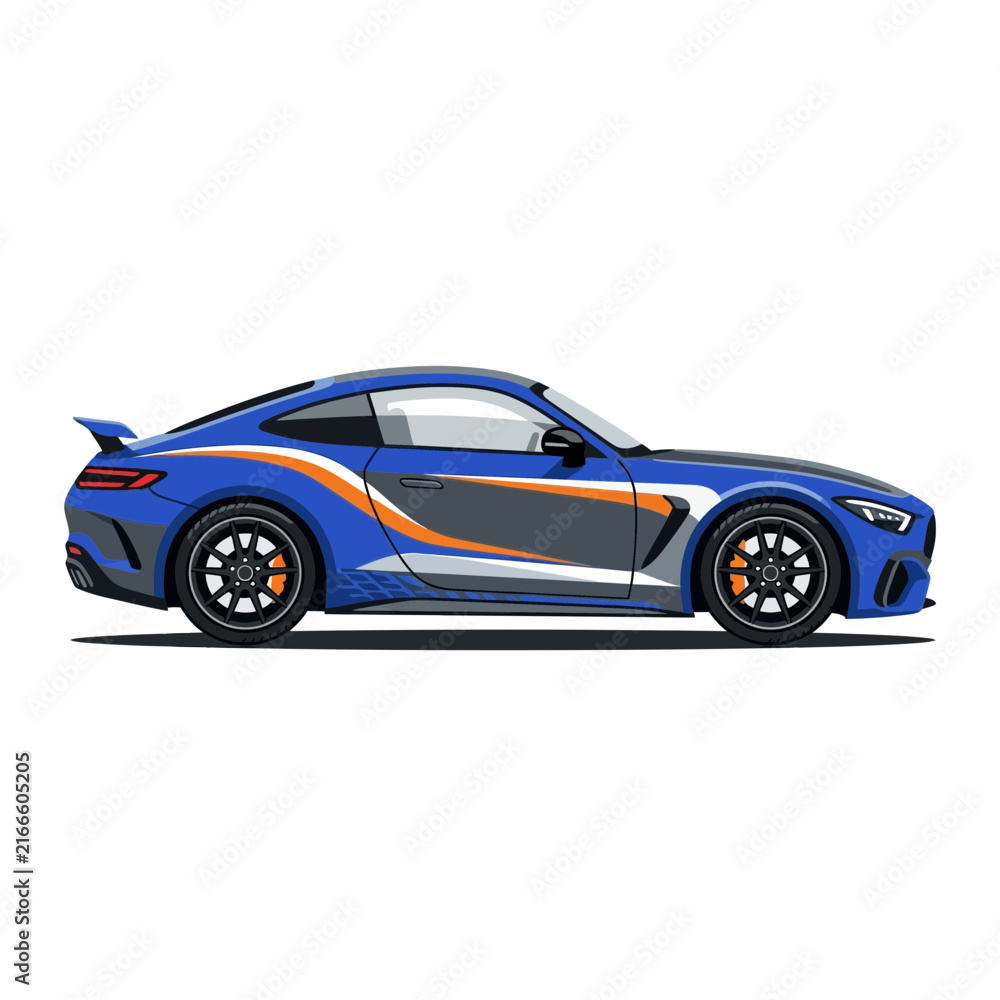 Naklejka premium Sleek Blue Sports Car with Orange and Gray Accents - Side View Illustration