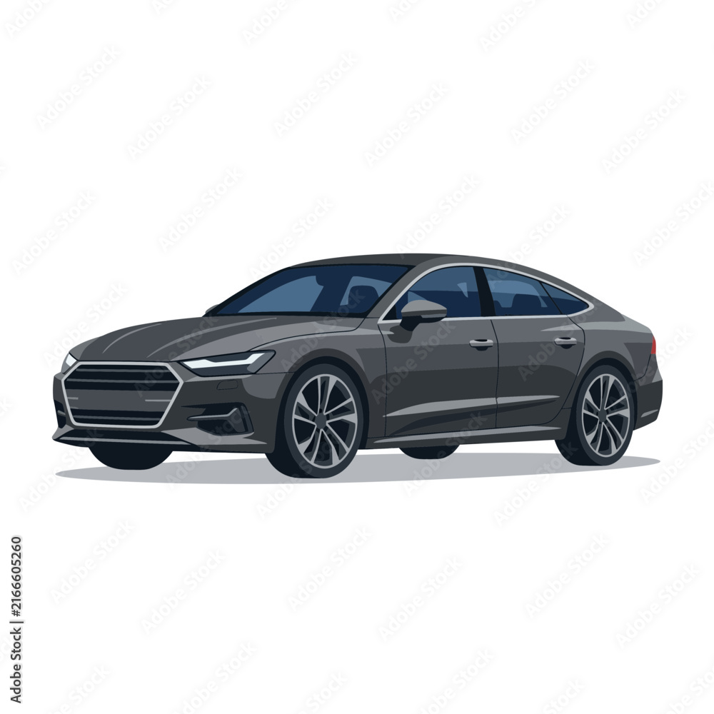 Fototapeta premium Sleek Dark Grey Luxury Sedan Car, Modern Automotive Design, Isolated on White Background