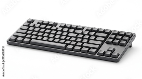 Modern dark gray computer keyboard with blank keys on a white background
