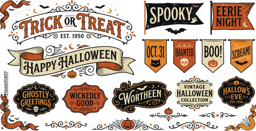 Vintage halloween collection featuring trick or treat text ribbons ghostly greetings badges eerie night pennant flags spider web jack o lantern halloween collection illustration engraving