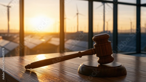 Wooden judge's gavel at sunset with solar panels and wind turbines beyond
