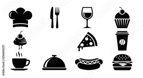 Food with collection black food drink icons white background serving dish hot dog restaurant hamburger cupcake coffee pizza knife cafe with meal
