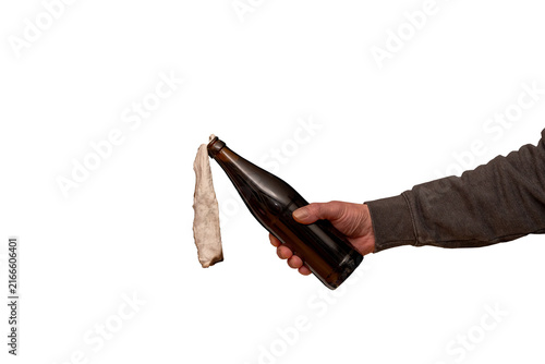 Fotografie Hand Holding Isolated Molotov Cocktail Bottle with Hanging Cloth Wick