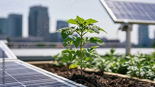 Young green plant growing among solar panels in an urban rooftop garden