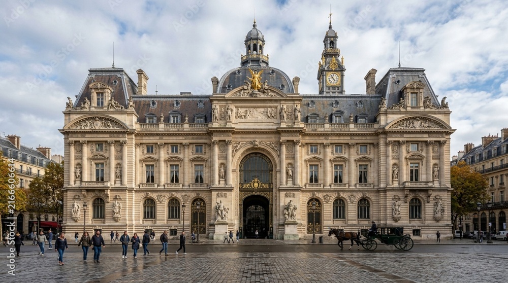 Fototapeta premium Grand historic building with ornate facade, clock tower, and cobblestone square