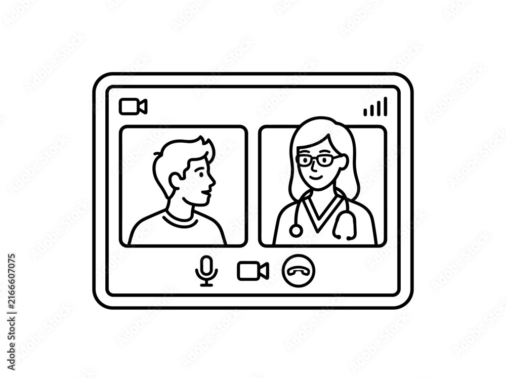 Fototapeta premium Online medical consultation vector line art on tablet screen display