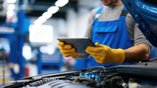 Mechanic in yellow gloves holding a tablet beside an open car hood in a workshop