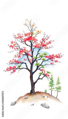 Watercolor flowering tree with red blossoms on white background