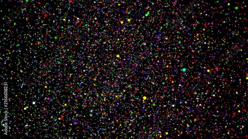 Dynamic motion graphic featuring vibrant multicolored particles floating against a dark black background. Ideal for party stage visuals, concerts, and festive overlays.