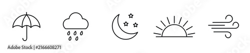 Autumn weather line icon set. Minimalist forecast linear symbols including umbrella, rain cloud, night moon, sunrise, and wind blow outlines. Vector illustration.