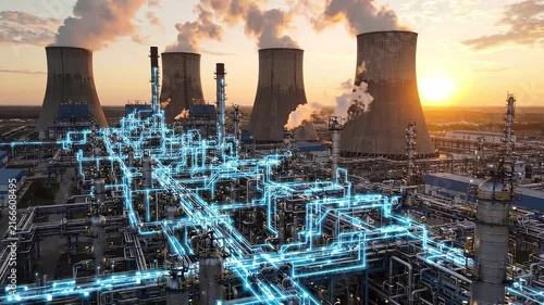 Aerial view of a sprawling industrial complex at sunset with glowing blue digital network overlay, energy production, advanced technology.