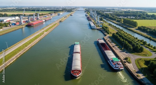 Commercial cargo barges navigating a wide inland shipping canal with industrial port facilities and green shorelines under a clear sky