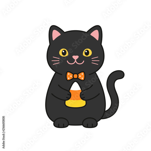 Bild auf Leinwand Cute little black Halloween cat holding candy corn