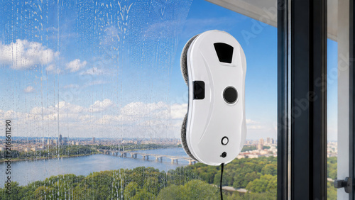 Robotic Window Cleaner Washing Large Glass Window